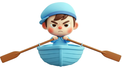 Angry Cartoon Boy Rowing a Blue Boat