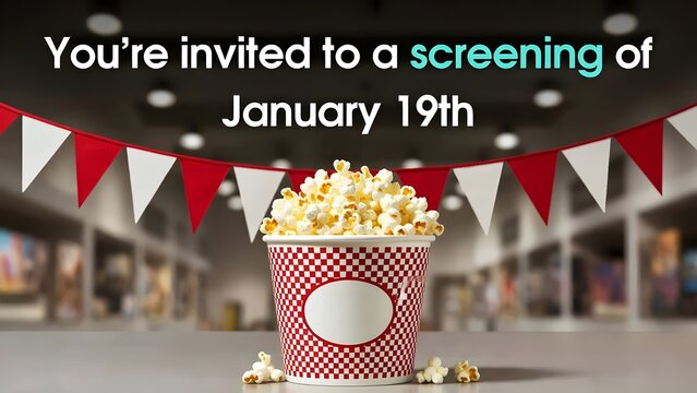 Movie night invitation with popcorn and bunting in cinema