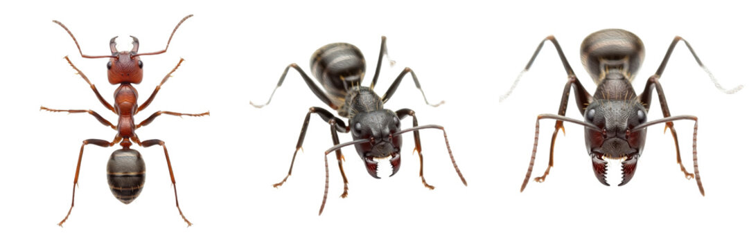 Set and Collection of Realistic Worker and Soldier Ants Macro Insect Elements Isolated on White Transparent PNG Background