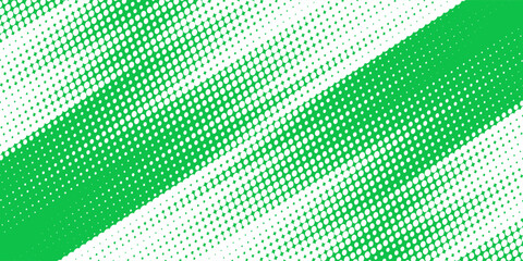 Slash green halftone gradient texture. Fading cartoon polka dot background. Dotted corner gradation pattern. Fading comic pop art overlay backdrop. Vector slant frame halfton patern effect wallpaper © Mansur