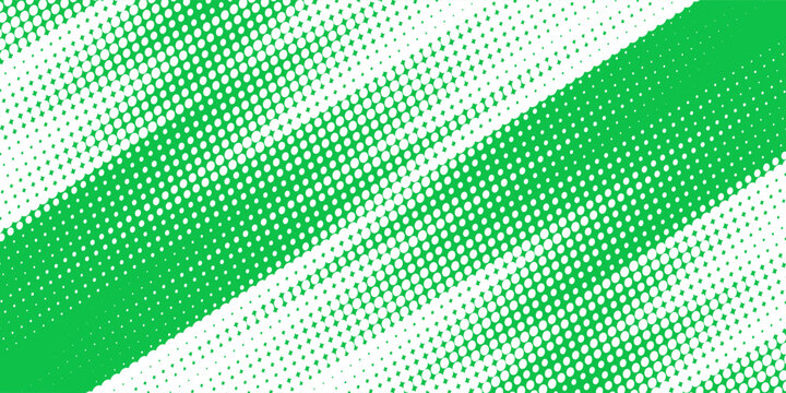 Slash green halftone gradient texture. Fading cartoon polka dot background. Dotted corner gradation pattern. Fading comic pop art overlay backdrop. Vector slant frame halfton patern effect wallpaper