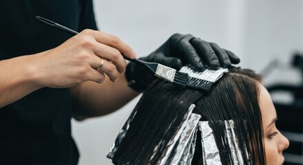 A person's hair is professionally being colored with a brush and foils at a salon