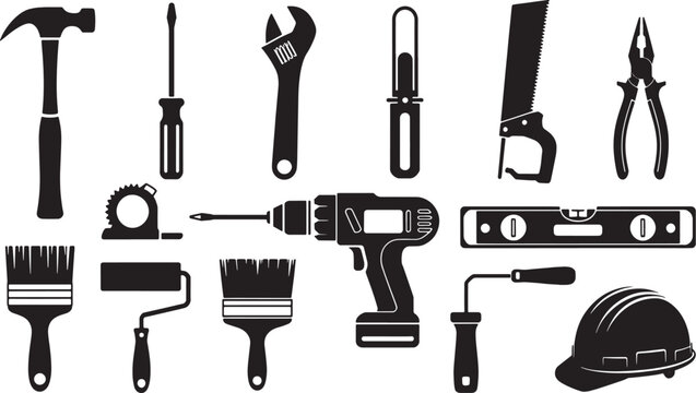 Collection of black silhouette construction and repair tools on a white background
