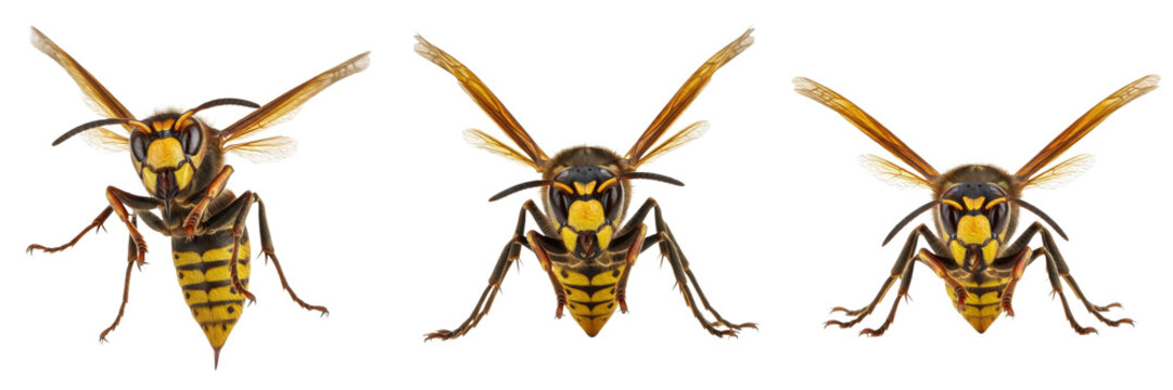 Set and Collection of Realistic European Hornet (Vespa crabro) Images &ndash; Isolated on White Transparent PNG Background