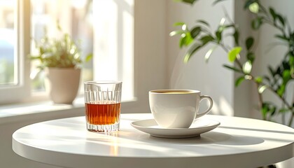 a cup of coffee sits on a saucer next to a glass of tea in a brightly lit room