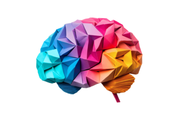 Vibrant colorful brain sculpture made of geometric shapes and origami paper