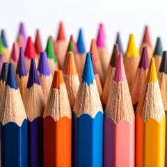 Fototapeta premium Multicolored wood colored pencils arranged closely together, tips facing up on a white background