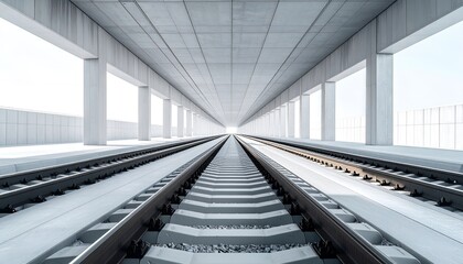 a train track in an empty airport with large windows