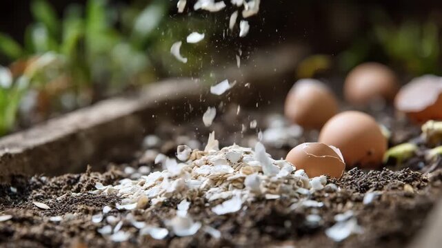 Natural amendments like crushed eggshells and mineral powders being sprinkled gently on vegetable patches to promote ecofriendly fertilization.