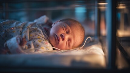 Newborn baby receives care in hospital neonatal ward with monitoring equipment present