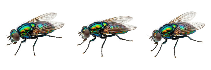 Set and Collection of Common Housefly and Green Bottle Fly, Realistic Pest Insects for Hygiene and Science Concepts, Isolated on White Transparent PNG Background © KinggOlat