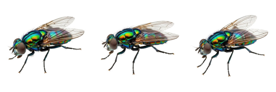 Set and Collection of Common Housefly and Green Bottle Fly, Realistic Pest Insects for Hygiene and Science Concepts, Isolated on White Transparent PNG Background