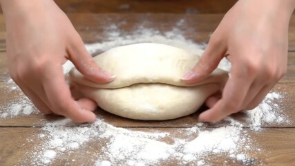 Hands kneading dough on a wooden table dusted with flour, preparing for baking a delicious homemade bread or pizza