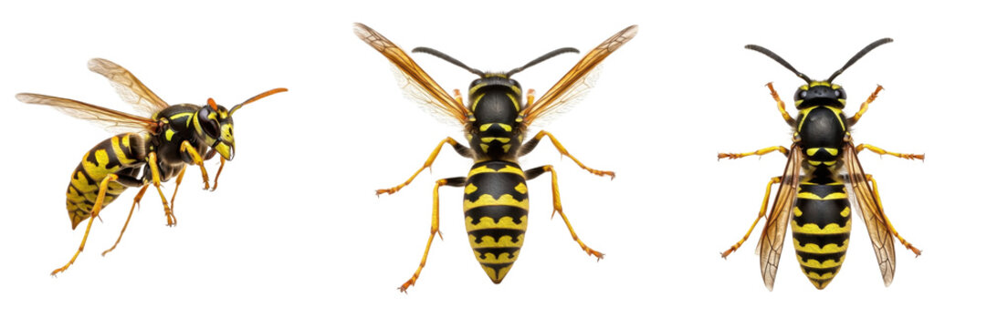 Set and Collection of Realistic Common Wasp (Vespula vulgaris) Images &ndash; Isolated on White Transparent PNG Background