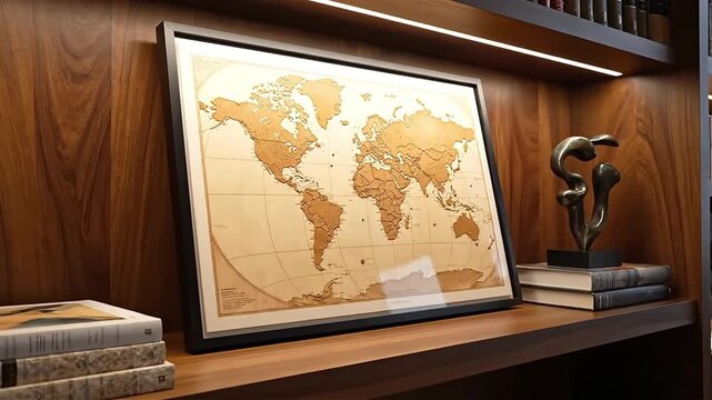 Warm-toned vintage world map artwork displayed in a stylish built-in bookcase with leatherbound books and decorative accents creating a sophisticated study atmosphere