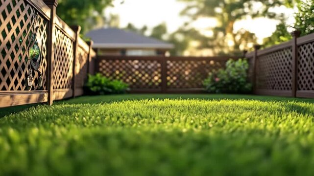 Lush green grass in a sunlit backyard with a trellis fence and blurred house/trees
