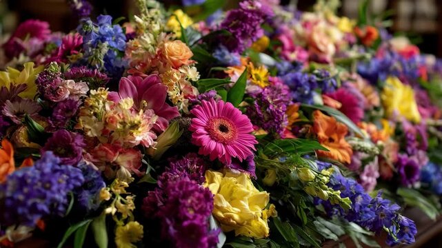 Medium shot showcasing vibrant seasonal flowers beautifully composed to honor a departed soul reflecting natures cycle and heartfelt condolences.