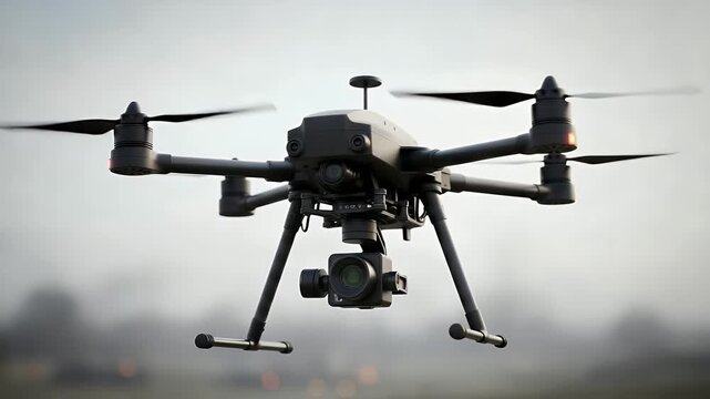 A drone equipped with a camera flies through the air with its propellers spinning rapidly, capturing dynamic aerial footage.