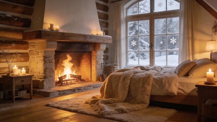 Perfect cozy winter bedroom: fireplace, blankets, magical evening atmosphere