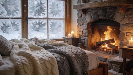 Cozy winter bedroom with crackling fireplace, warm blankets and soft candlelight at night