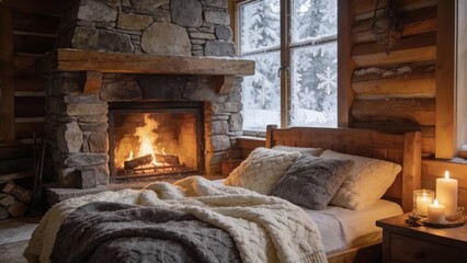 Luxurious winter bedroom retreat with burning fire and soft blankets for ultimate relaxation