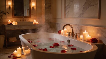 Elegant luxury bathroom with lit candles, rose petals and steaming bath at night