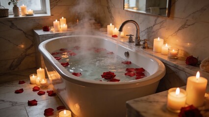 Romantic spa bathroom interior with candles, flowers and warm ambient lighting