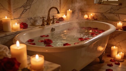 Perfect romantic bathroom scene with candlelight and scattered rose petals