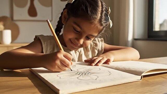 Young girl happily coloring a detailed flower illustration in an open sketchbook during a bright and cozy afternoon at home