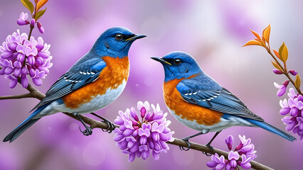 Fototapeta premium wo Bluebirds on Lilac Blooms Bright Hearts on Spring Petals Indigo Wings Among Pink Flowers A Dawn duet on Flowering Boughs Songbirds in a Lavender Sunrise Twin Bluebirds, Blossom Chorus Peering Throu