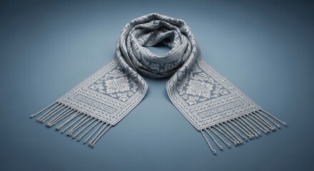 Finely patterned textile accessory draped elegantly across a muted surface