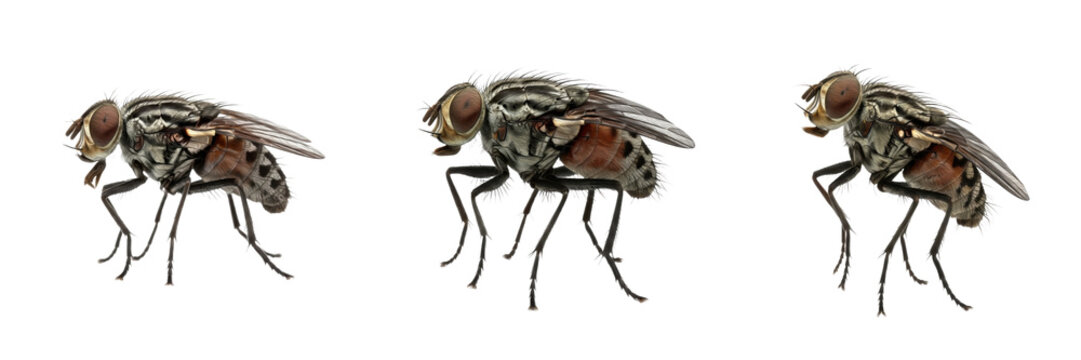 Set & Collection of House Flies (Muscidae) Common Flying Insects Macro Close-Up, Grey Domestic Fly with Transparent Wings, Entomology Detail isolated on white transparent png background