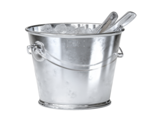 A shiny metal ice bucket filled with ice and two serving scoops, perfect for keeping beverages chilled at parties.