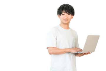 A young Asian man in a T-shirt holding a laptop (freelance, creator, programmer)