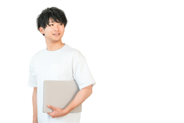 A young Asian man in a T-shirt holding a laptop (freelance, creator, programmer)