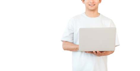 A young Asian man in a T-shirt holding a laptop (investment, individual investor, asset management)
