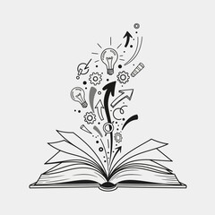 Open Book with Emerging Creative Ideas and Symbols. © Niswatul Kharimah