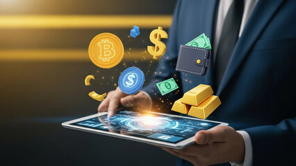 Digital asset wealth management, Cryptocurrency investment app, Business finance growth tablet, Online banking and fintech app