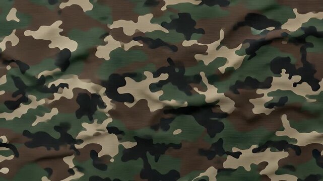 Close-up of a camouflage fabric texture featuring a mix of green, brown, and black colors, showcasing its durable and utilitarian design