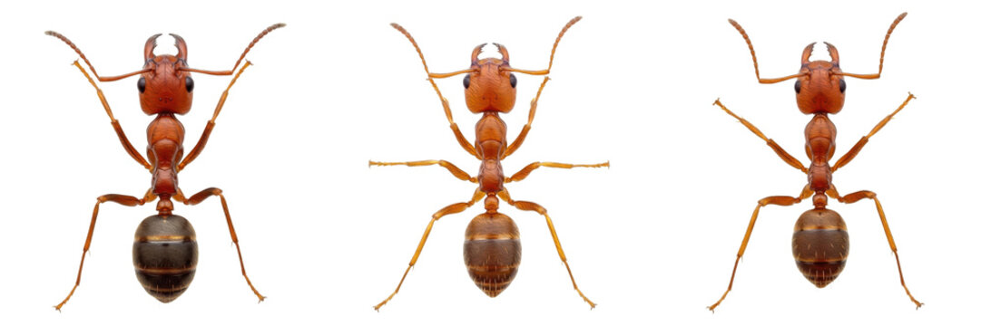 set of Fire Ant (Solenopsis) Aggressive Stinging Insect Macro Close-Up, Red Ant Worker with Powerful Mandibles, Dangerous Pest Entomology Detail isolated on white transparent png background