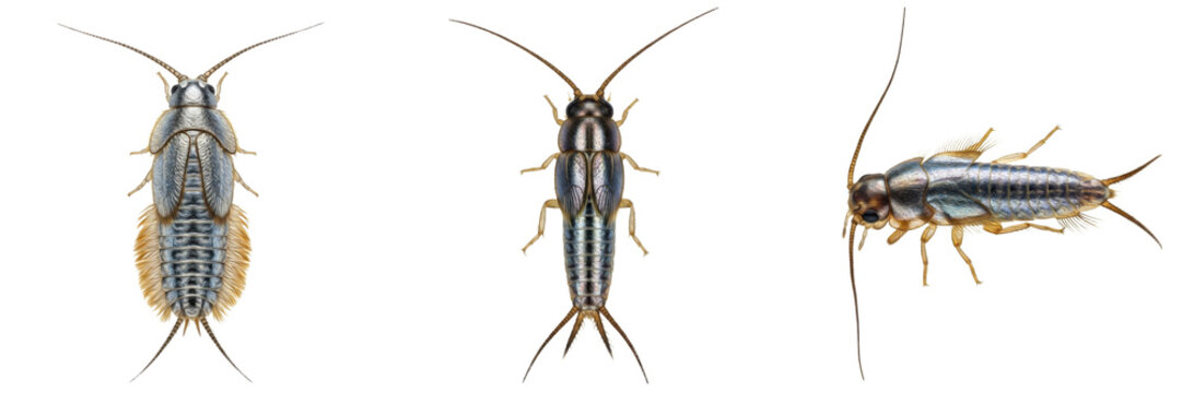 set of Silverfish (Zygentoma) Wingless Household Pest Insect Macro Close-Up, Nocturnal Crawling Bug with Long Antennae and Flat Body, Entomology Detail isolated on white transparent png background
