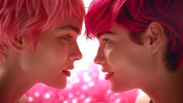Shared Gaze of Affinity: Two individuals with vibrant pink hair share an intimate moment, their faces close in a tender, meaningful connection. 