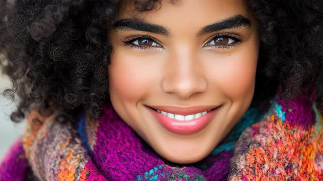 Radiant Beauty Unveiled: A captivating portrait of a woman, her natural, glowing beauty enhanced by a vibrant scarf, radiating warmth, confidence, and a genuine smile. 