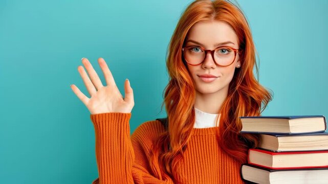 Smart Student's Waving Hello: A radiant redhead student, clad in glasses and stylish orange attire, waves hello with a stack of textbooks on a vibrant background.