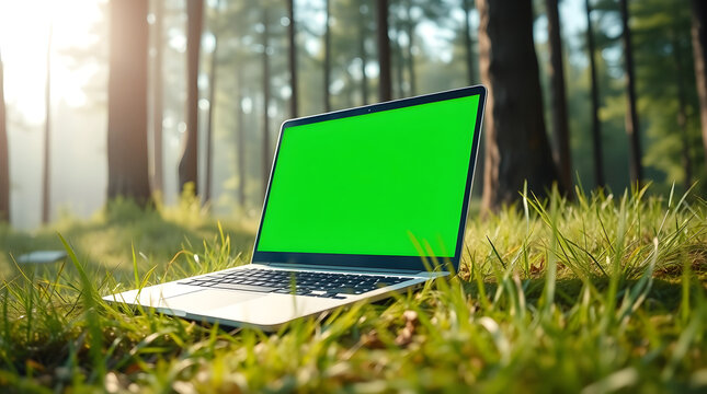 Laptop with green screen sits in the grass, surrounded by trees and sunlight in the forest
