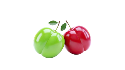 Two shiny, stylized plums with leaves on a white background