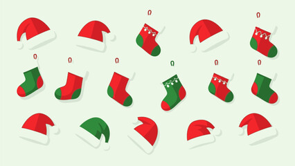 Vector Set of Christmas Hats and Socks - Santa Claus Red Socks, Hats, and Decorations for Holiday Wall Design