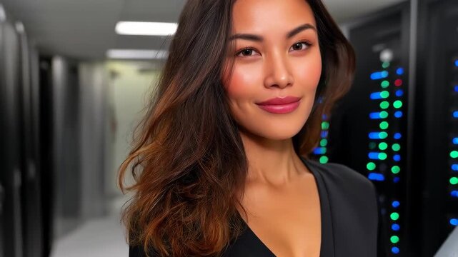 Confident IT Professional: A striking IT professional stands amidst a modern server room, her poise radiating competence and expertise within the technological domain. 