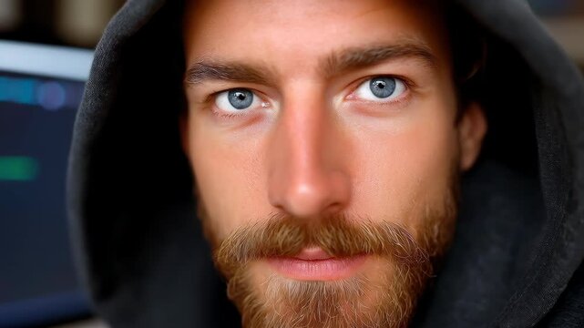 Intense Gaze: A close-up portrait of a man, eyes locked directly towards the viewer, with a beard, deep in thought, conveying focus and intensity.