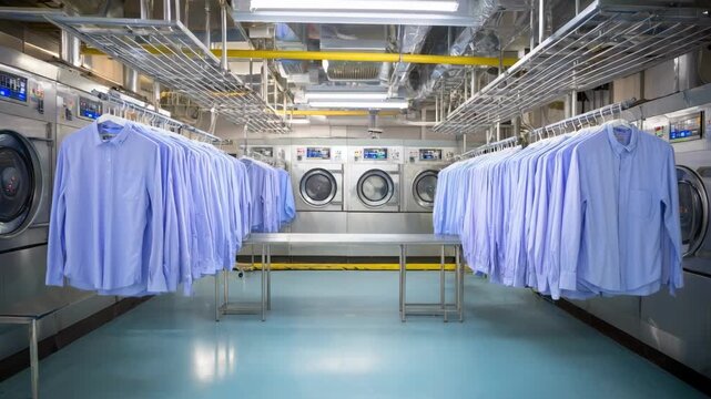 Medium view of large electric tumble dryers rotating hotel uniforms highlighting the efficient drying process in a commercial laundry setting.